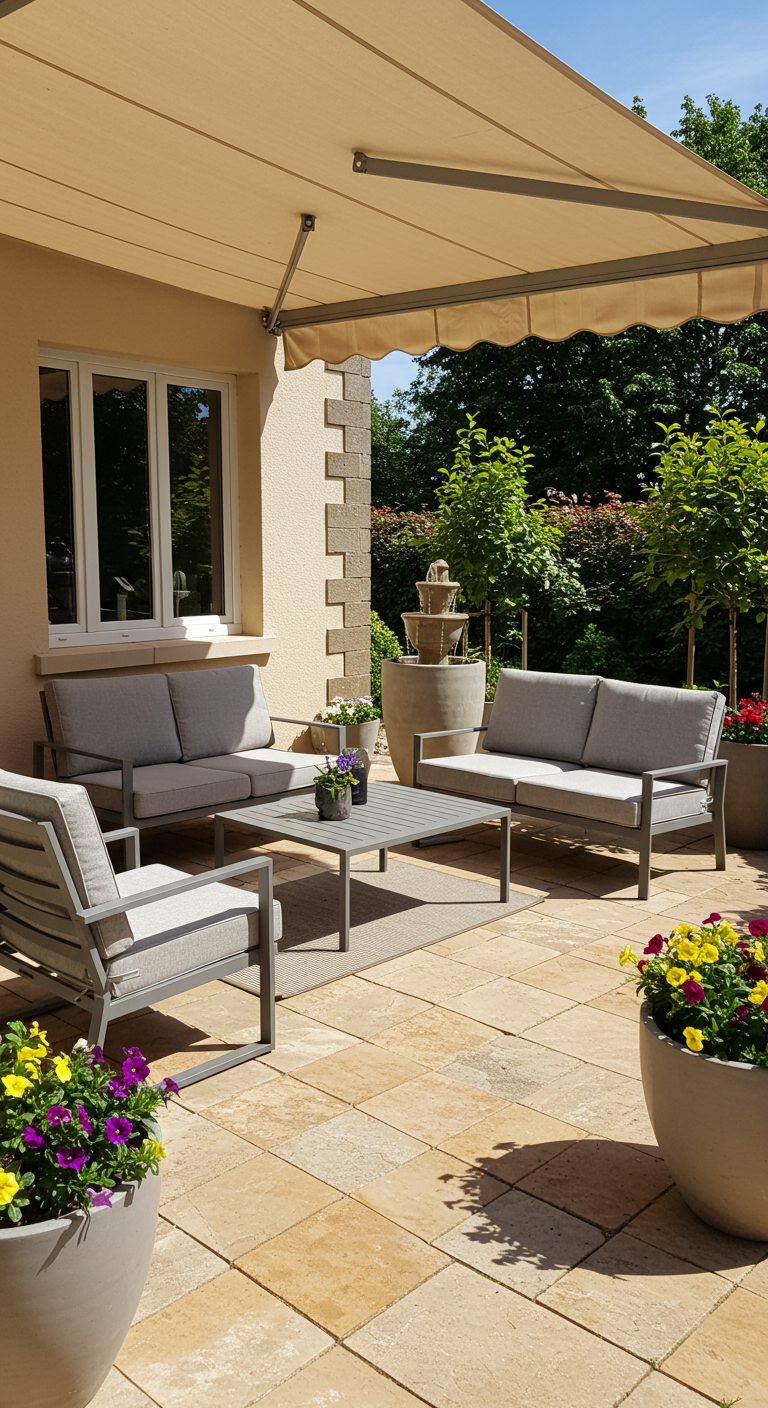 Moderne Terrasse mit grauen Loungemöbeln, Markise, Springbrunnen und bunten Blumenkübeln.