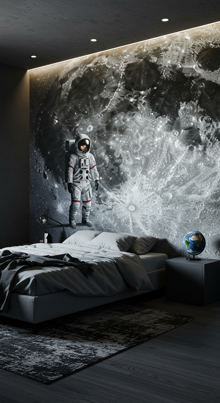Schlafzimmer mit großer Mondlandung-Fototapete und Astronaut.