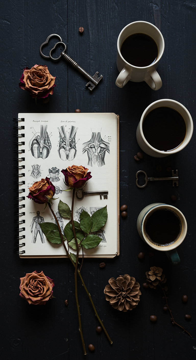 Flatlay auf schwarzem Holz: Kaffee, Notizbuch mit Anatomie, getrocknete Rosen, Schlüssel.