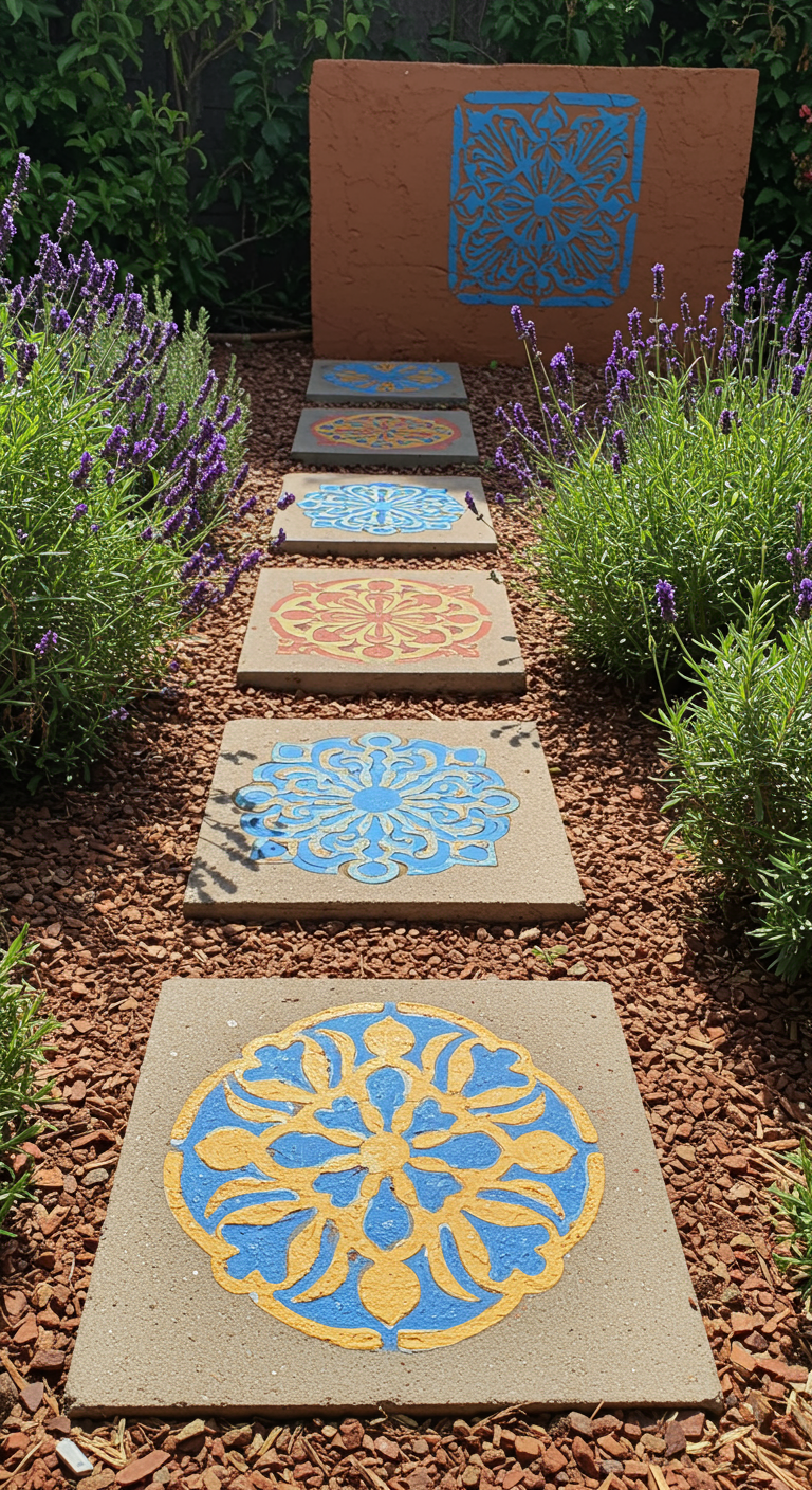 Handbemalte Betonplatten als Gartenweg mit marokkanischen Mustern, gesäumt von Lavendel.