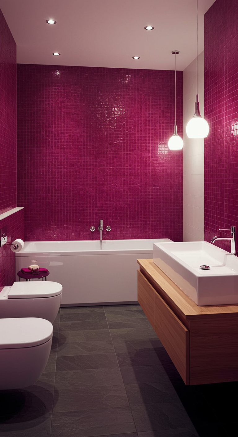 Bad mit leuchtend pinken Mosaikfliesen und Holzakzenten.
