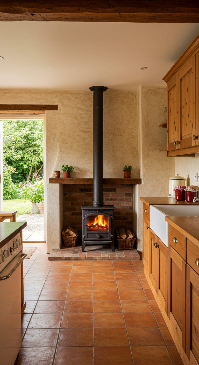 Helle Landhausküche mit Holzofen und Tür zum Garten.