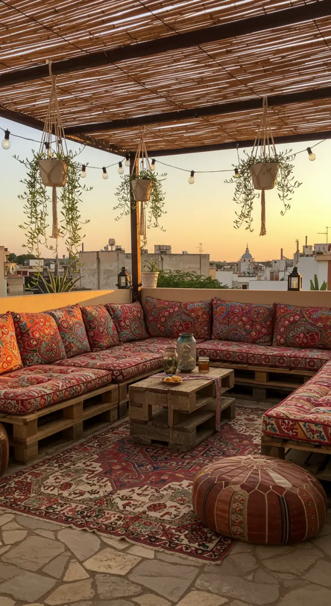 Dachterrasse bei Sonnenuntergang mit Palettensofa, bunten Kissen und orientalischem Teppich.