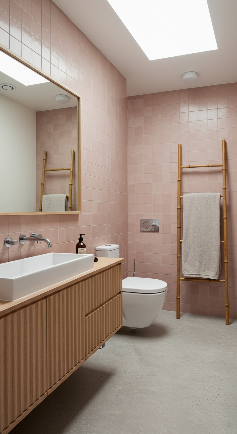 Badezimmer mit quadratischen rosa Fliesen, gerilltem Holzwaschtisch und Bambusleiter.