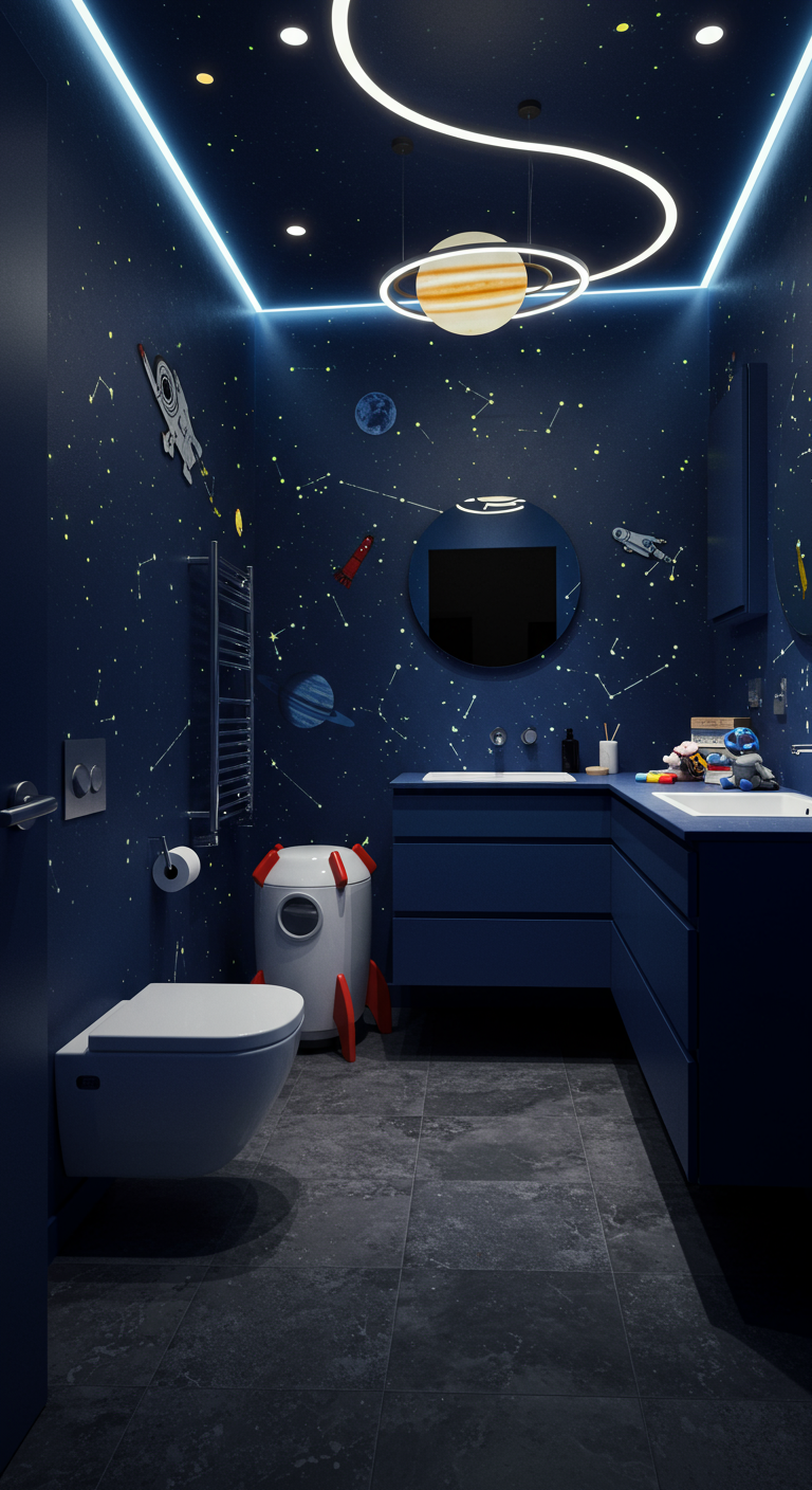 Dunkelblaues Kinderbad mit Weltraum-Thema, Planeten-Lampe und Sternen an den Wänden.
