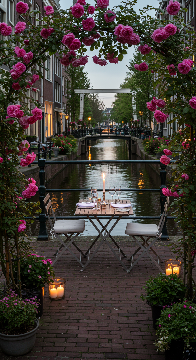 Romantisches Dinner-Setup mit Rosenbogen und Kerzen an einer Gracht bei Nacht.