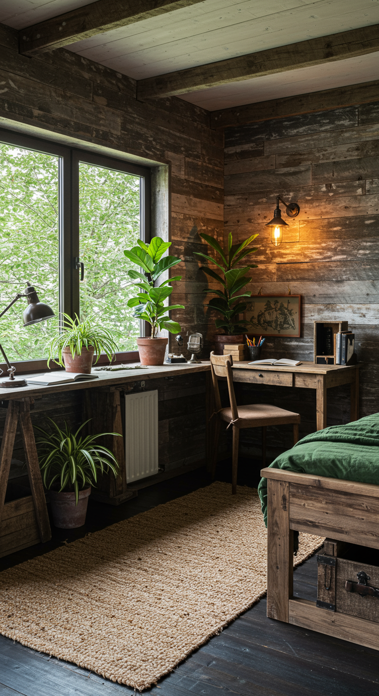 Rustikaler Raum mit Altholzverkleidung, Schreibtisch am Fenster und Holzbett.