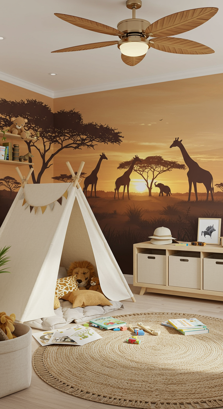 Kinderzimmer im Safari-Stil mit Tipi und Savannen-Wandbild.