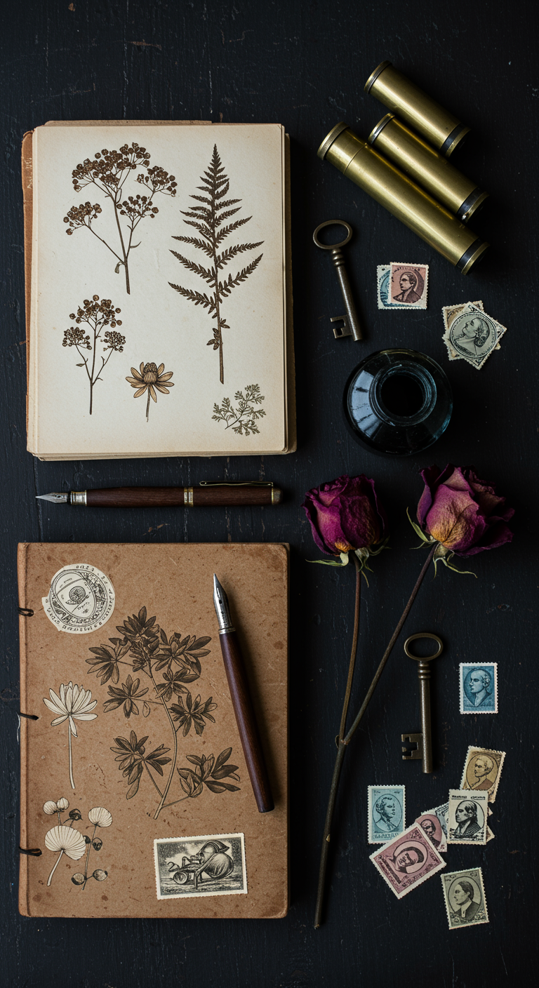 Flatlay auf dunklem Grund: Notizbücher, Stift, Tinte, Rosen, Schlüssel, Teleskop, Briefmarken.