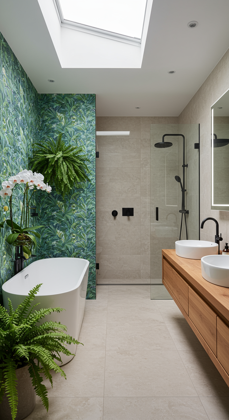 Modernes Badezimmer mit tropischer Blättertapete, freistehender Wanne und vielen Pflanzen.