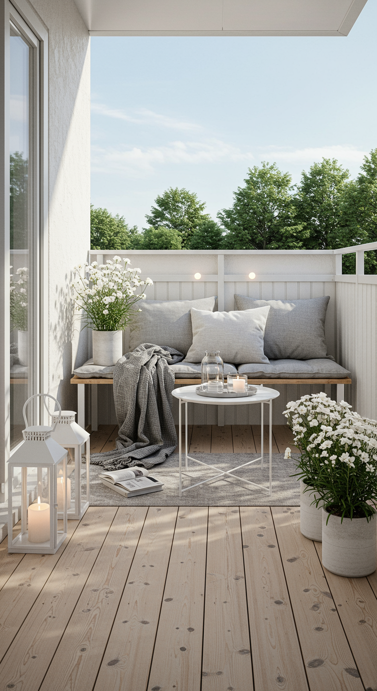 Heller skandinavischer Balkon mit Holzbank, grauen Kissen und weißen Blumen.