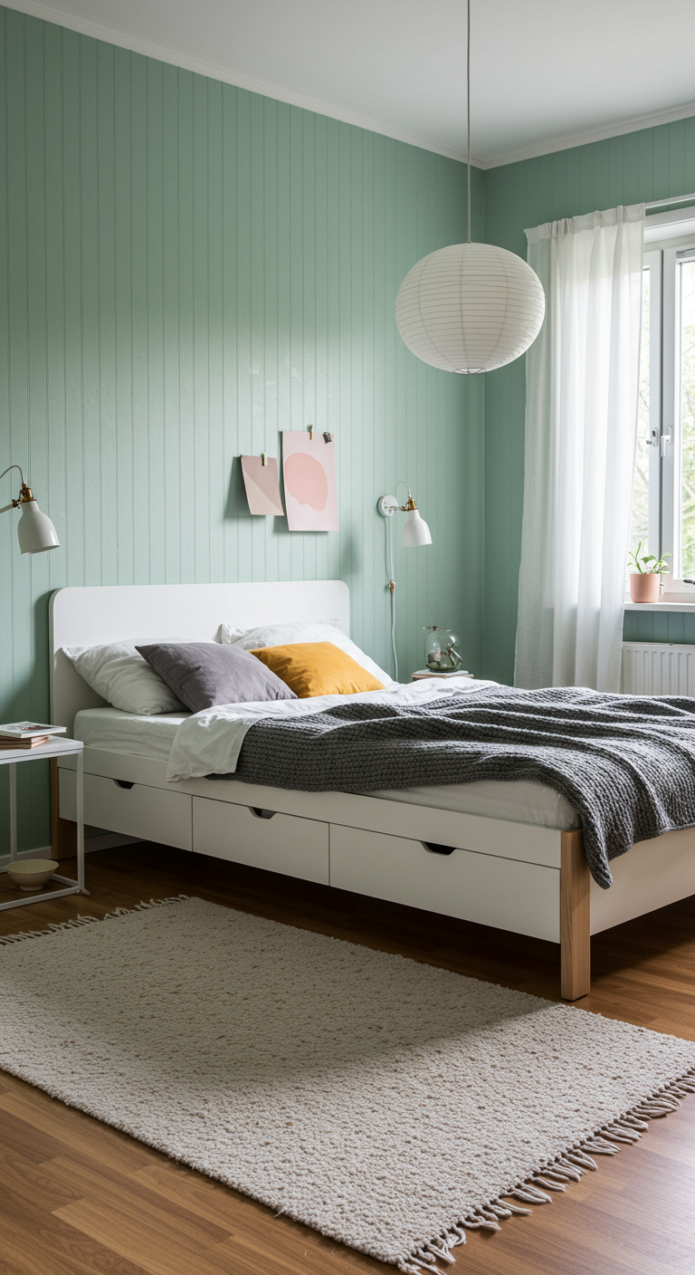 Helles Schlafzimmer mit mintgrüner Holztäfelung und weißem Bett.