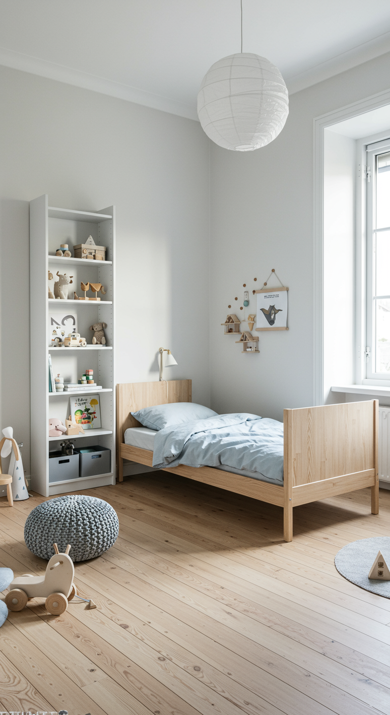 Helles Kinderzimmer im skandinavischen Stil mit Holzbett und offenem Regal.