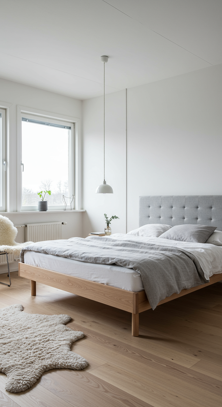 Helles Schlafzimmer im skandinavischen Stil mit Holzbett und Schaffell.