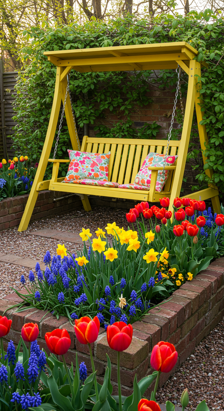 Gelbe Gartenschaukel mit bunten Kissen vor einem Hochbeet mit Tulpen und Narzissen.