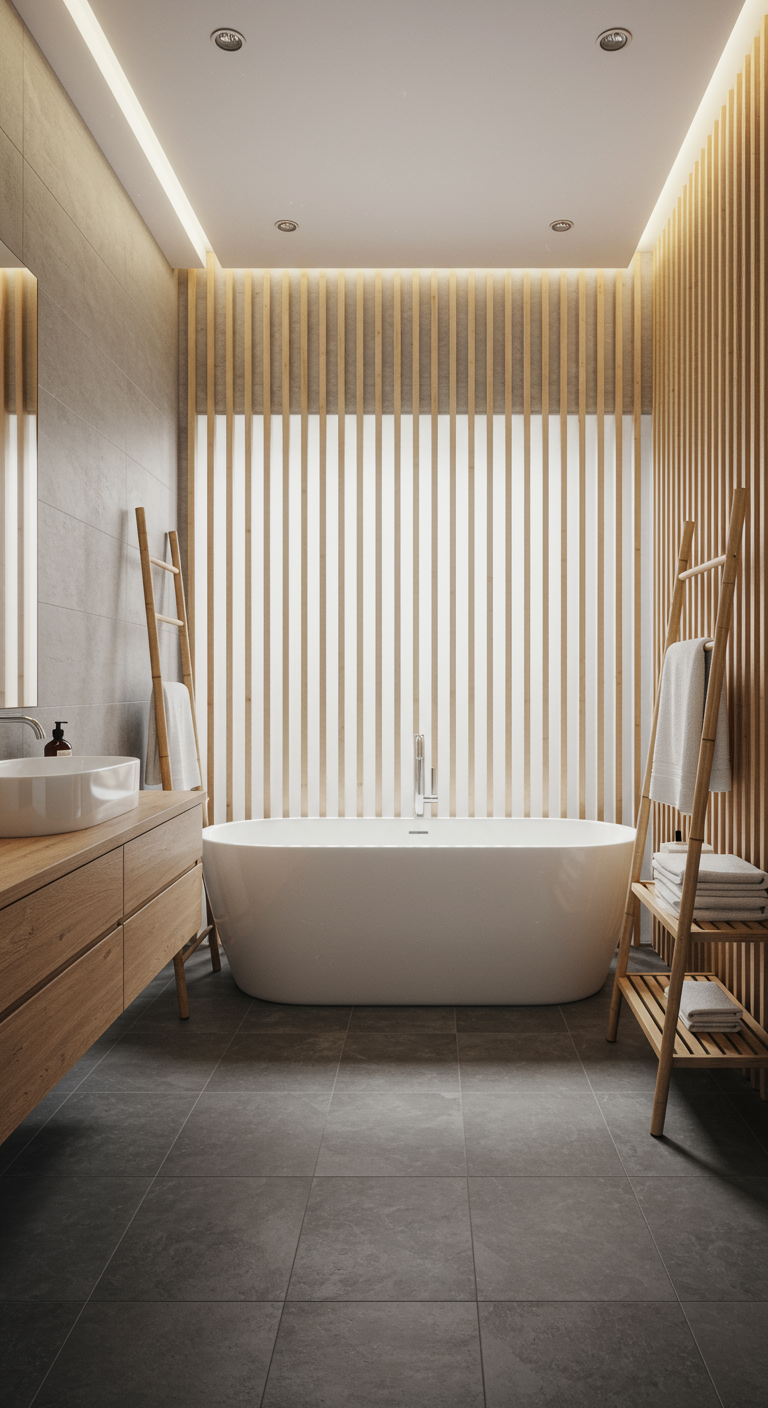 Modernes Japandi Bad mit Holzlattenwand und freistehender Wanne.