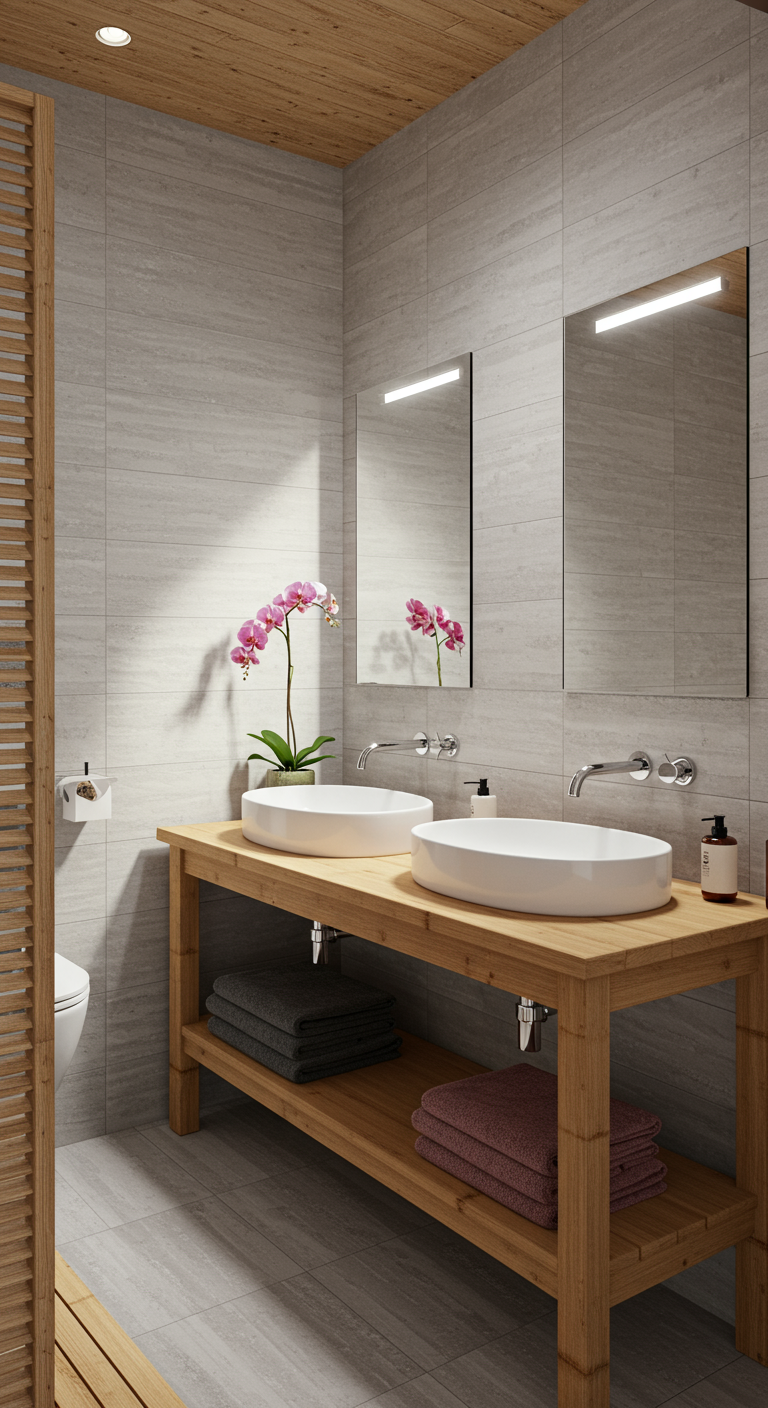 Japandi Badezimmer mit Holzwaschtisch, zwei Waschbecken und rosa Orchidee.
