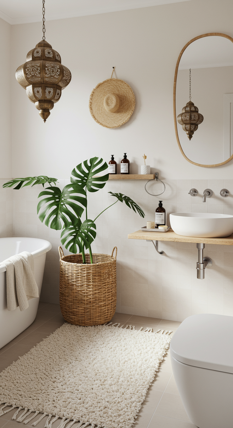 Modernes Bad mit großer Monstera-Pflanze und orientalischen Lampen.