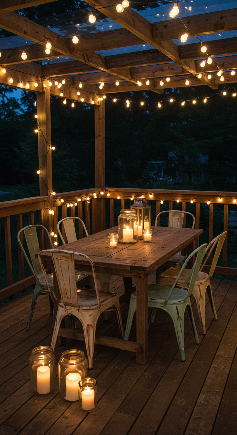 Holzterrasse bei Nacht mit Tisch, Stühlen, Lichterketten und Kerzen in Gläsern.