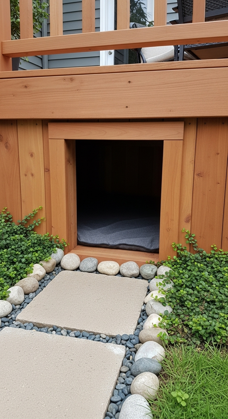 Integrierte Hundehütte unter einer Holzterrasse mit kleinem Steinweg davor.