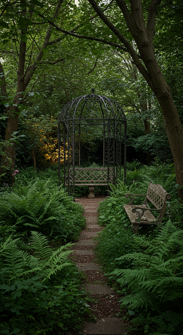 Schmiedeeiserner Pavillon und alte Bank in einer verwunschenen Gartenecke