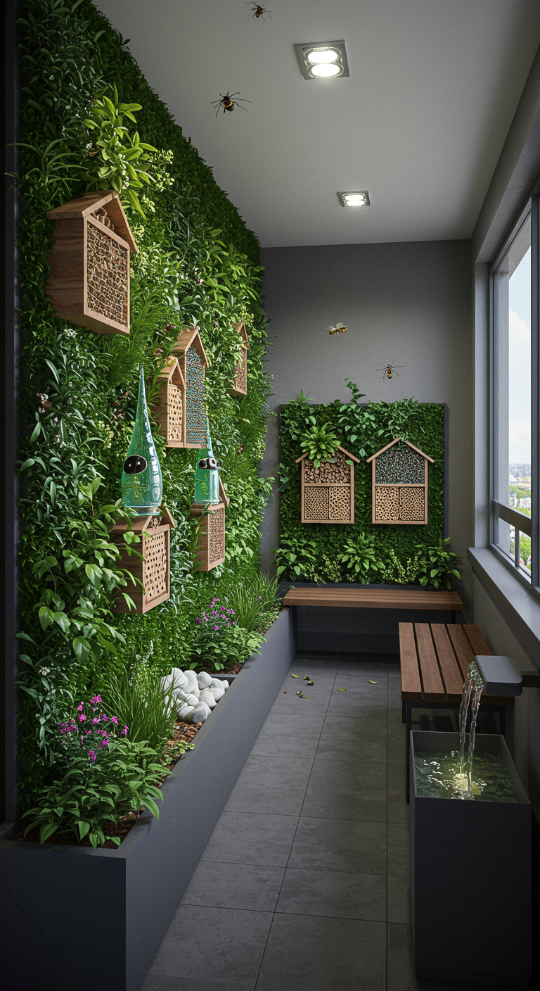 Moderner Balkon mit grüner vertikaler Wand, stilvollen Insektenhotels und Wasserbecken.