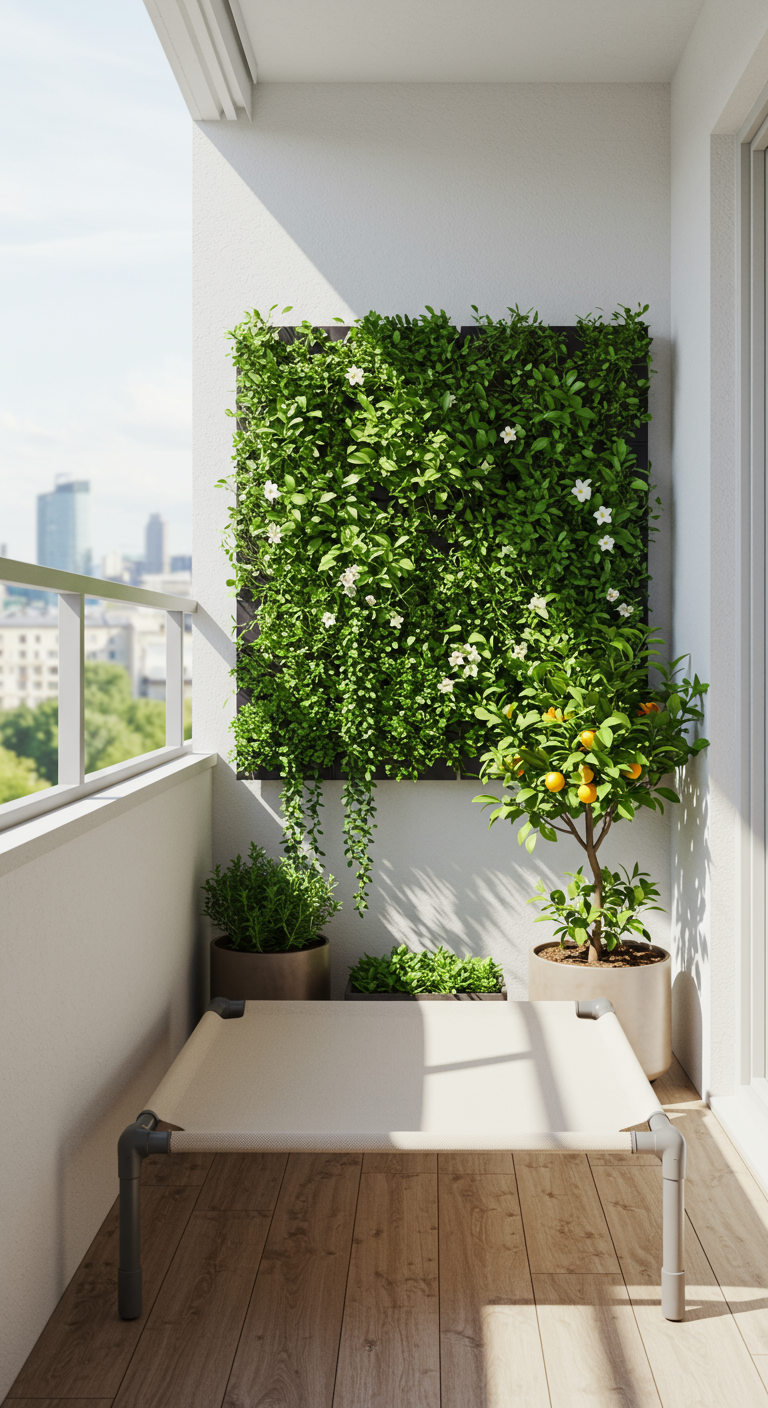 Kleiner Balkon mit vertikalem Garten, Zitrusbaum und erhöhtem, hellem Haustierliegebett.