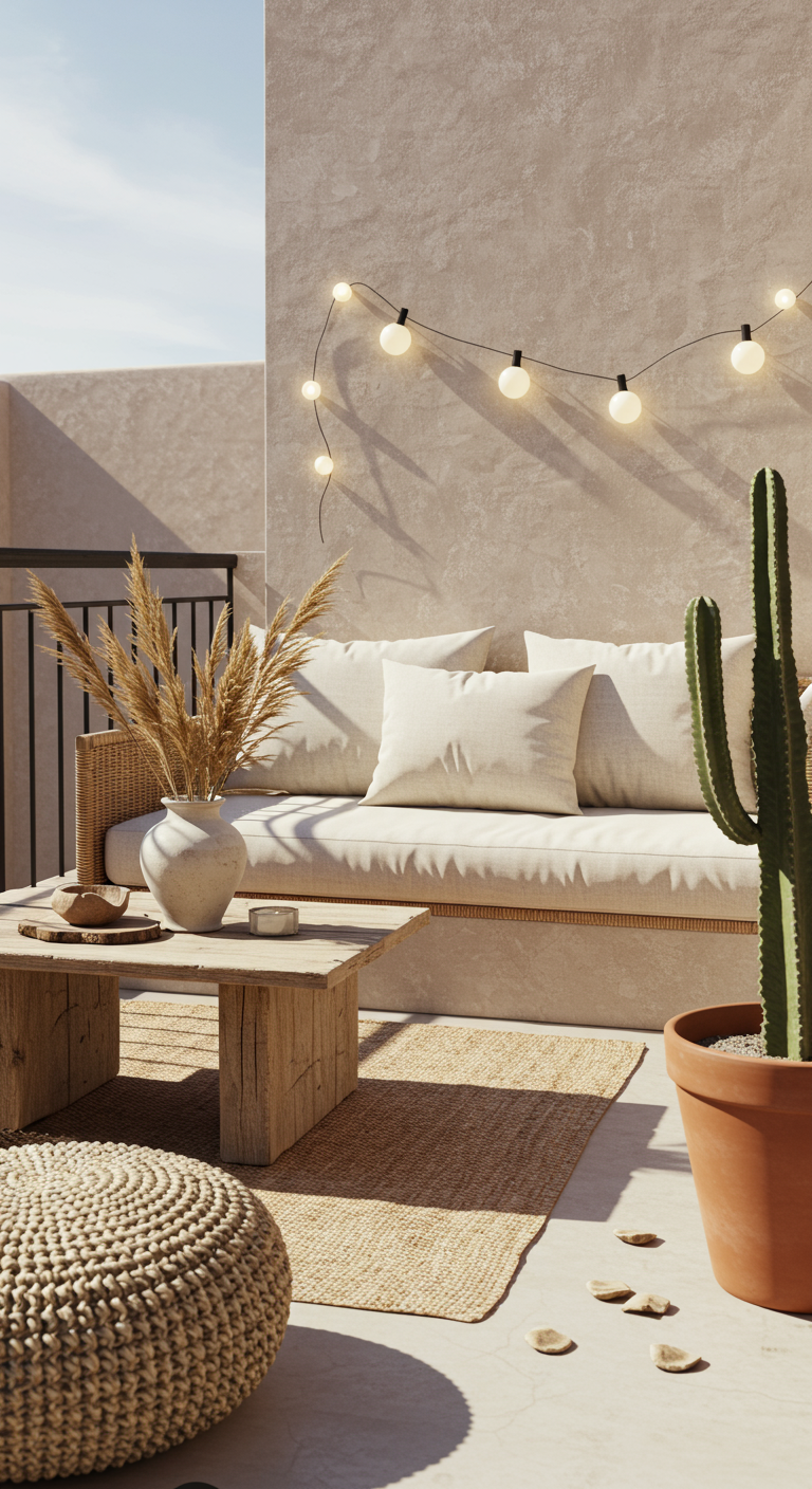 Moderner marokkanischer Balkon mit Rattanmöbeln und neutralen Farben.