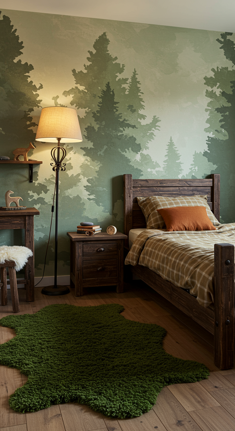 Kinderzimmer mit Waldmotto, dunklem Holzbett, grüner Waldtapete und grünem Teppich.
