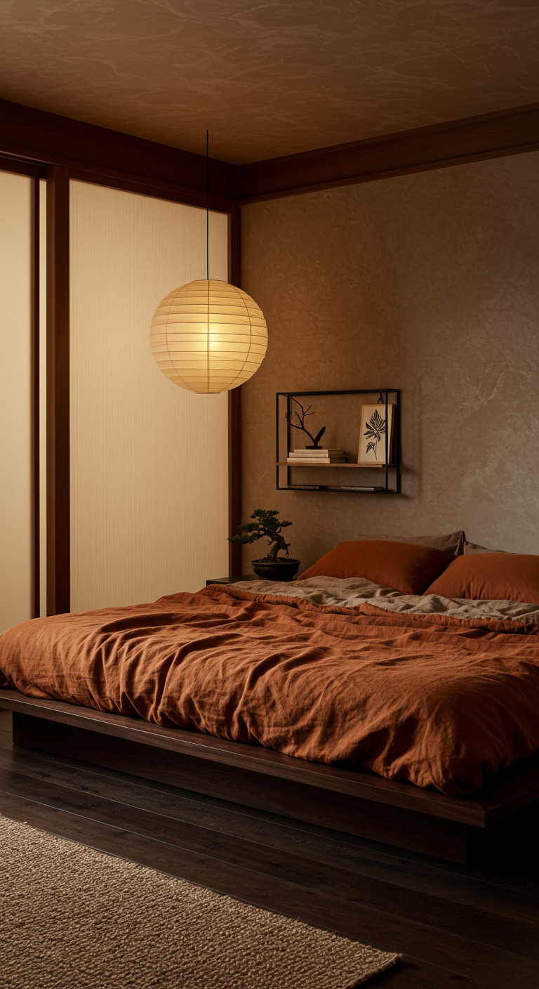 Japandi-Schlafzimmer in warmen Erdtönen mit dunklem Holzbett und Papierlaterne.