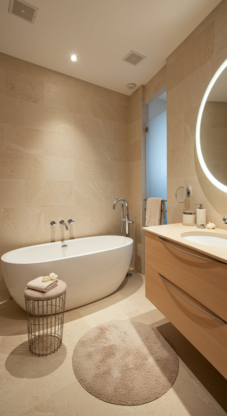 Modernes Badezimmer mit freistehender ovaler Wanne und Holz-Waschtisch.