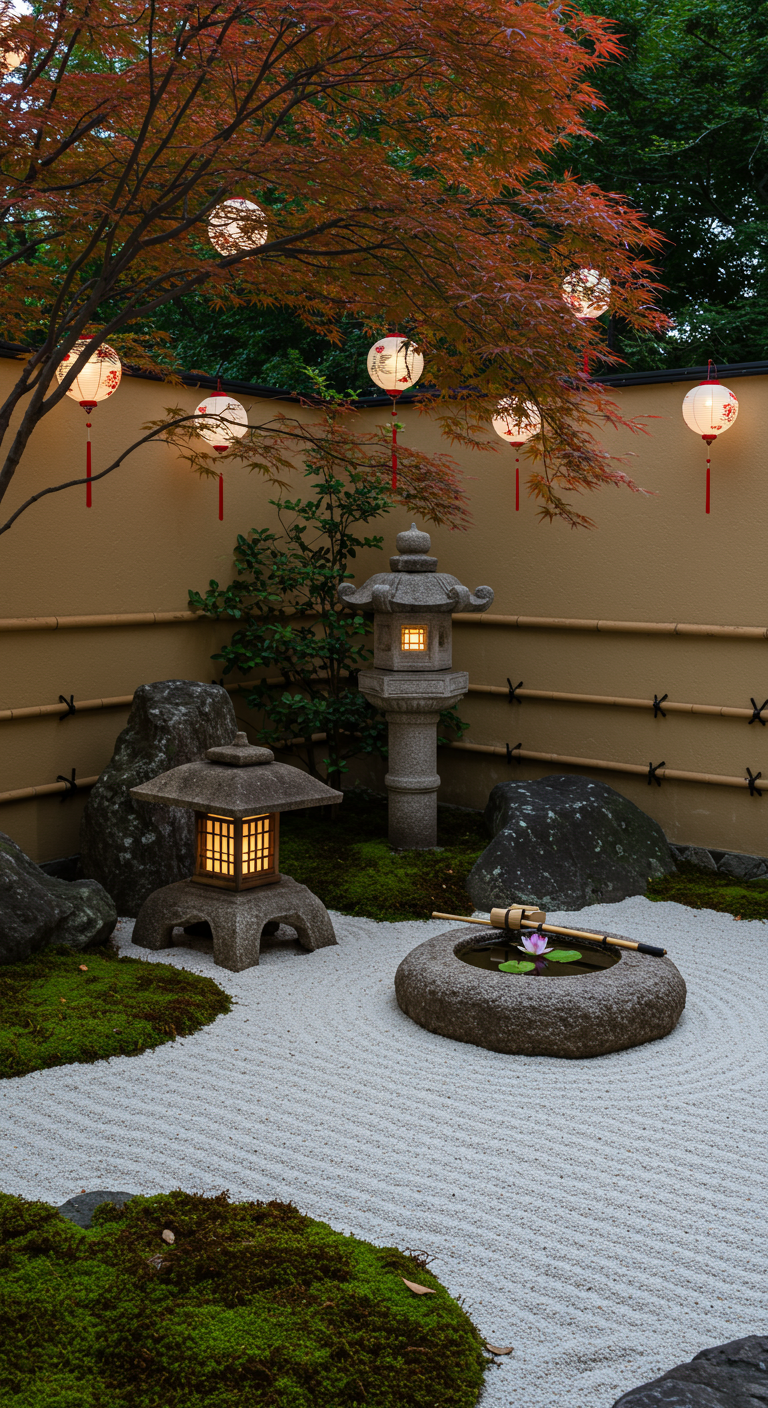 Japanischer Zen-Garten mit Steinlaterne, geharktem Kies, Ahorn und hängenden Lampions.