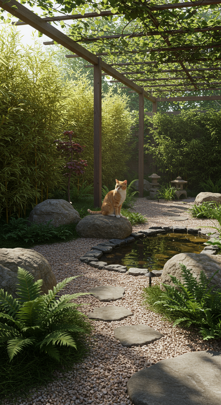 Katze sitzt auf Stein an Teich in japanischem Garten mit Bambus und Farnen
