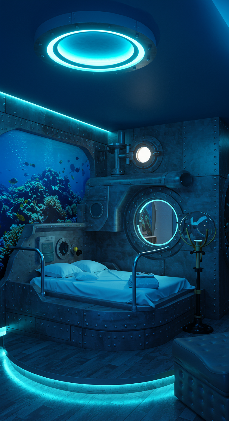 Kinderzimmer im U-Boot-Design mit Bullaugen und blauer Beleuchtung.
