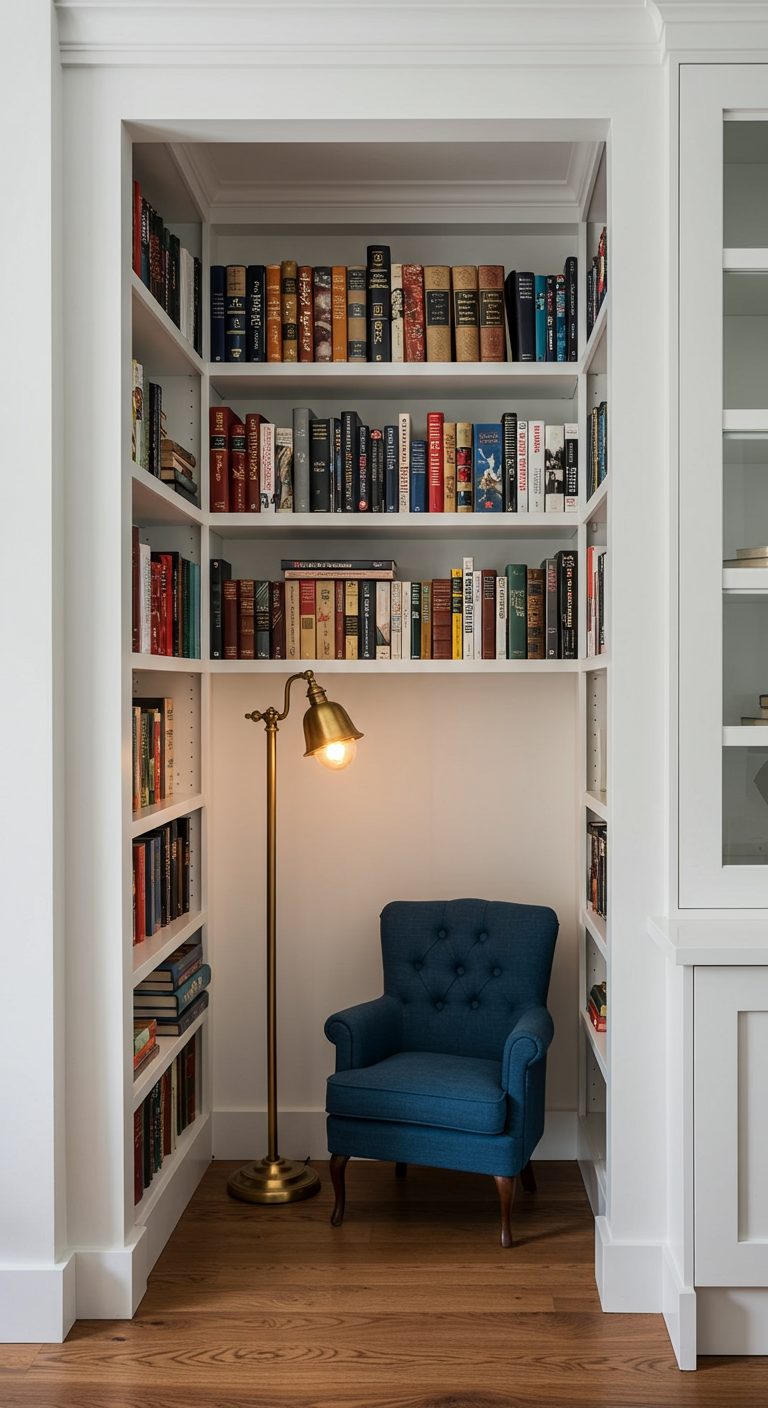 Leseecke in einer weißen Bücherregal-Nische mit blauem Sessel und Stehlampe.