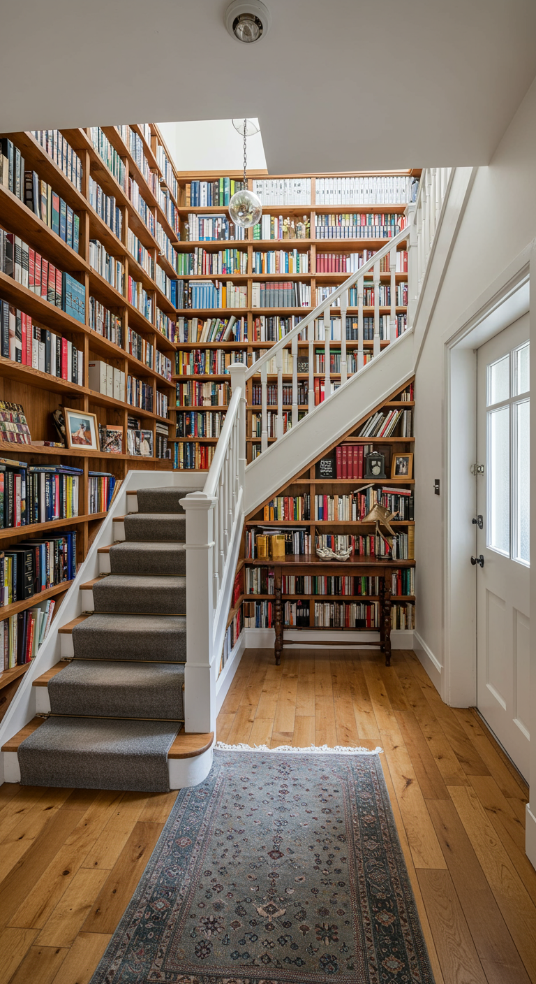 Großes Bücherregal, das den Raum unter einer Treppe im Flur ausfüllt.