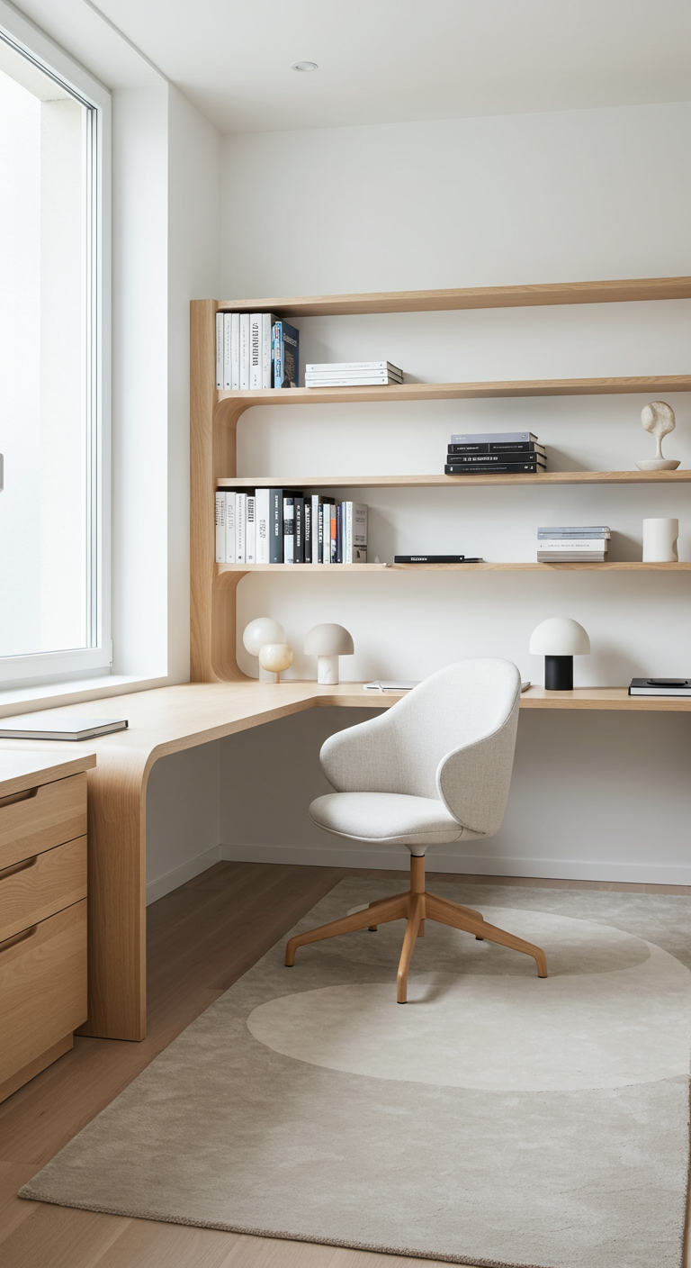 Helles Home Office mit maßgefertigtem geschwungenem Holztisch und Regalen.
