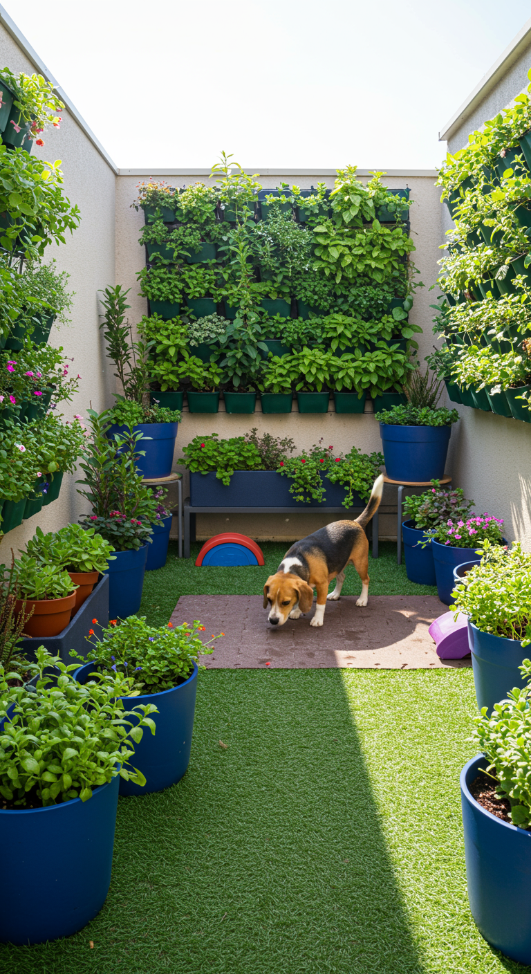 Beagle Hund auf Balkon mit vertikalen Gärten und vielen blauen Pflanztöpfen