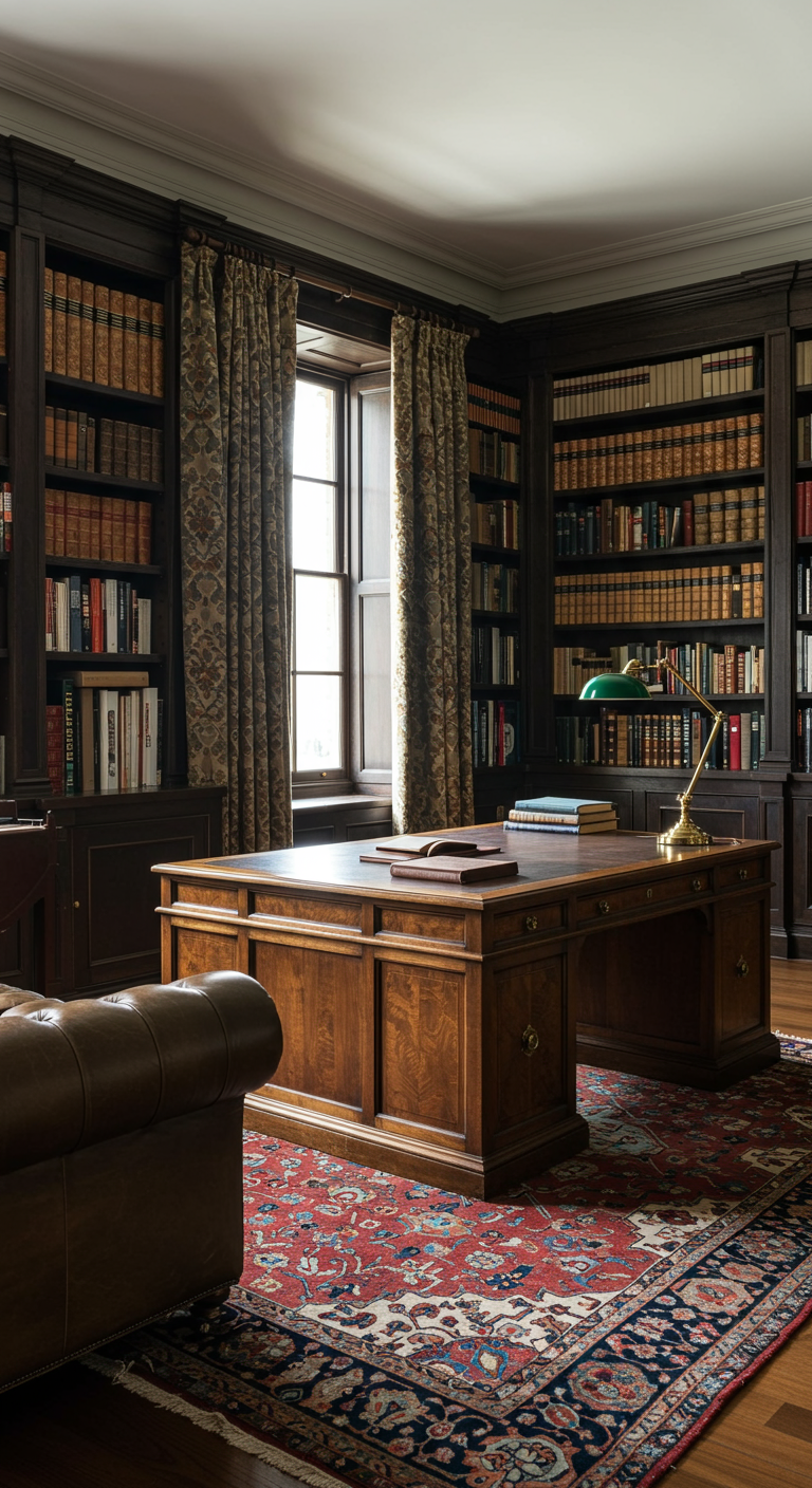 Klassische Bibliothek mit dunklen Holzregalen, großem Schreibtisch und Ledersessel.