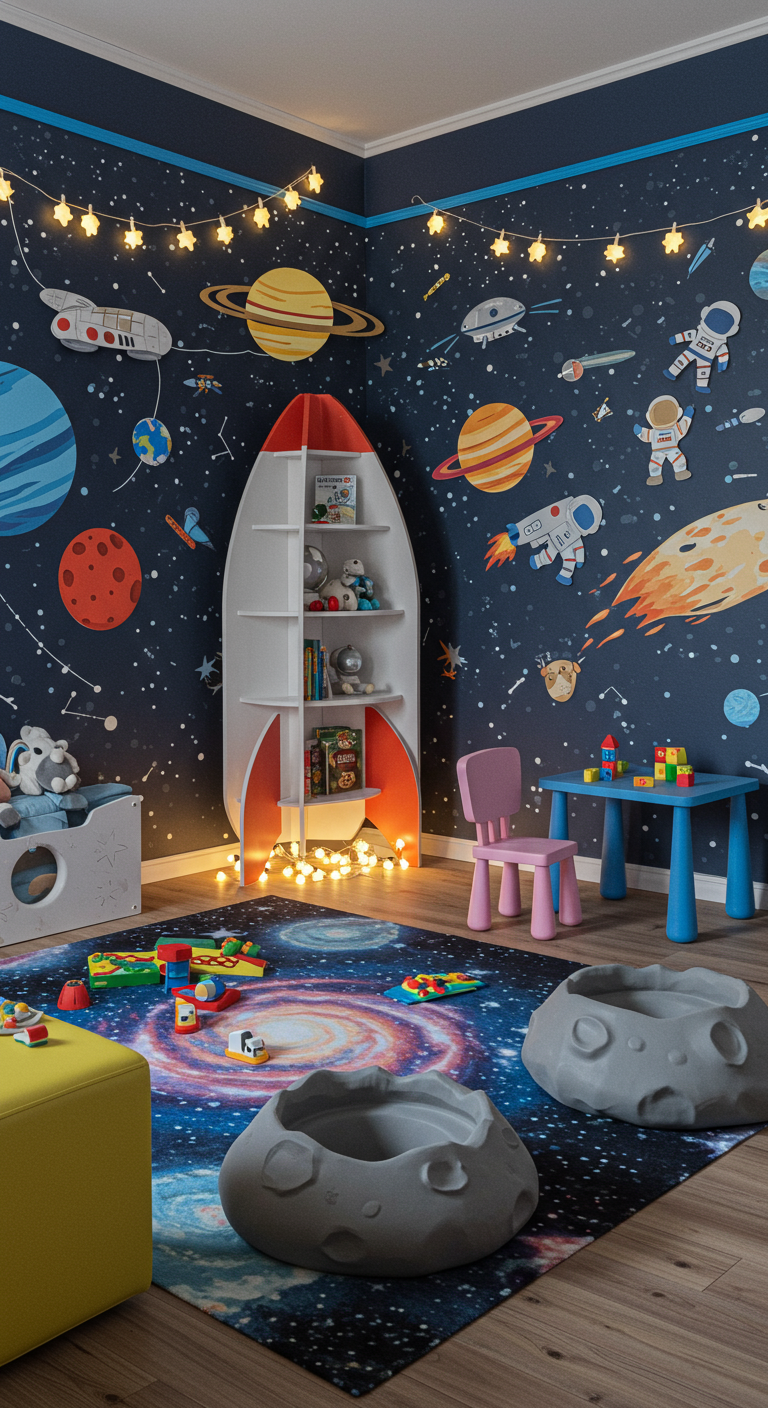 Helles Kinderzimmer mit Weltraum-Tapete, Raketenregal und Planetenteppich.
