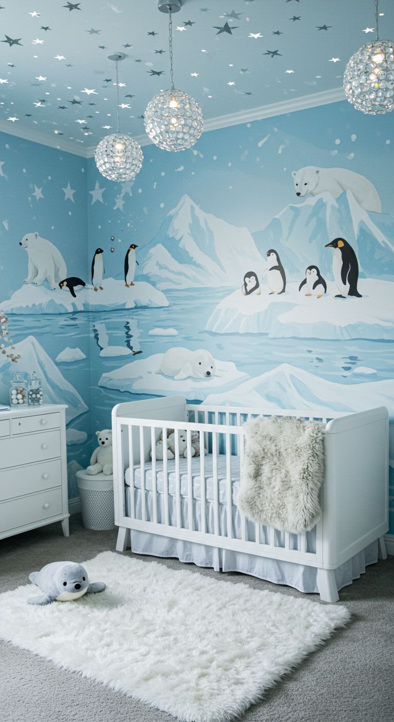 Babyzimmer mit Arktis-Motto, Eisbären und Pinguinen.