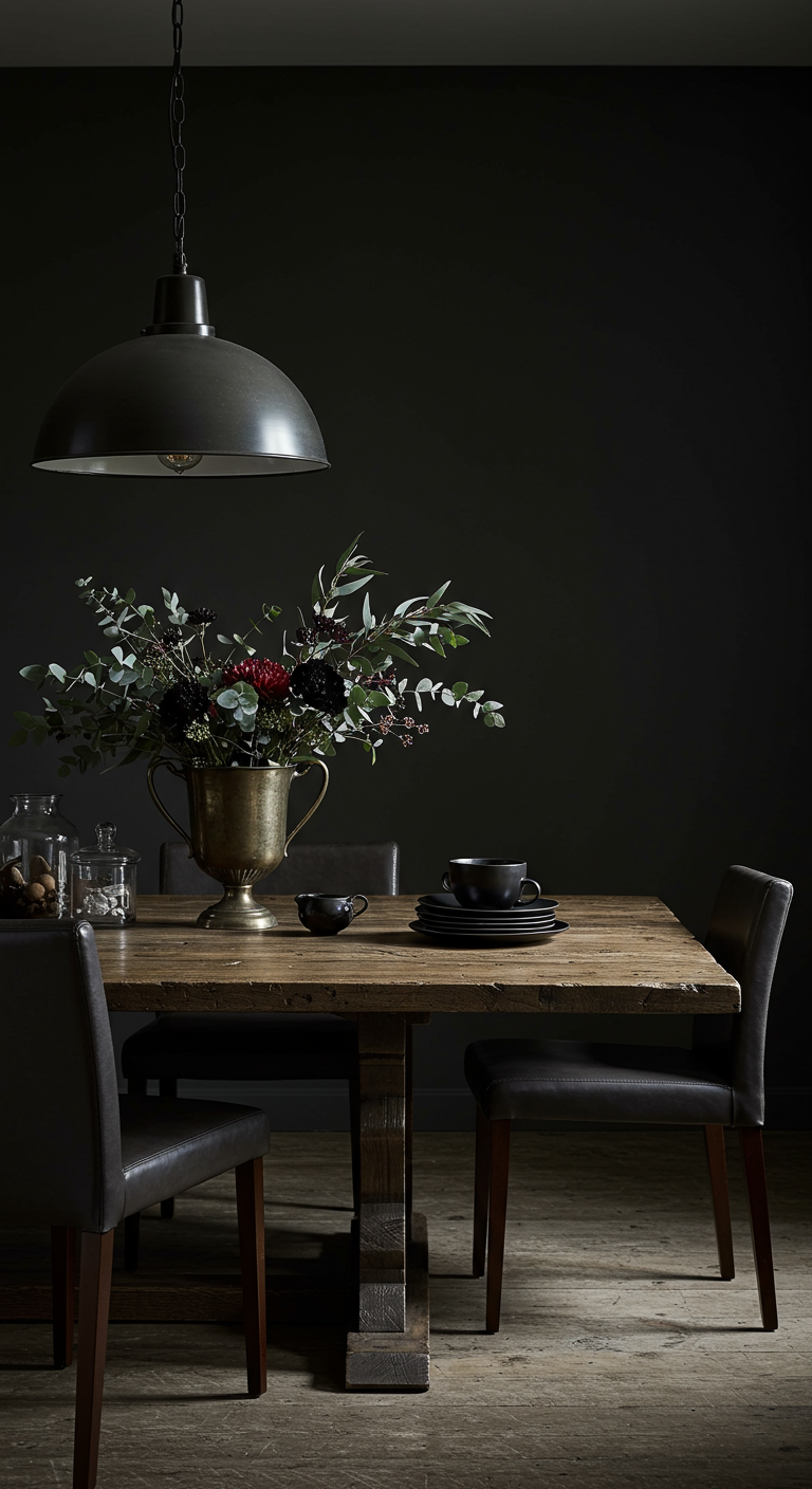 Esszimmer mit dunkler Wand, Holztisch, Lederstühlen und Messingvase mit Blumen.