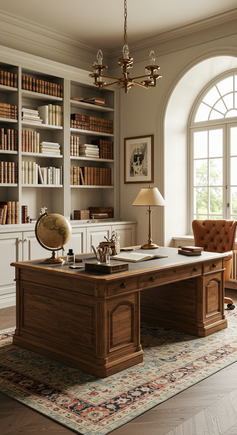 Elegantes Arbeitszimmer mit großem Holzschreibtisch, weißen Bücherregalen und Bogenfenster.