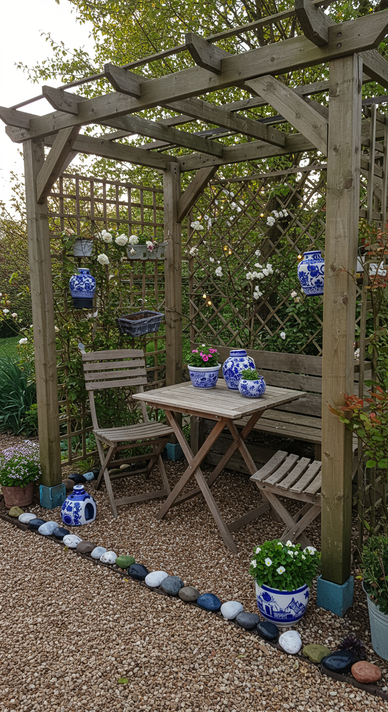 Sitzplatz unter Holzpergola mit Delfter Keramik und weißen Rosen.