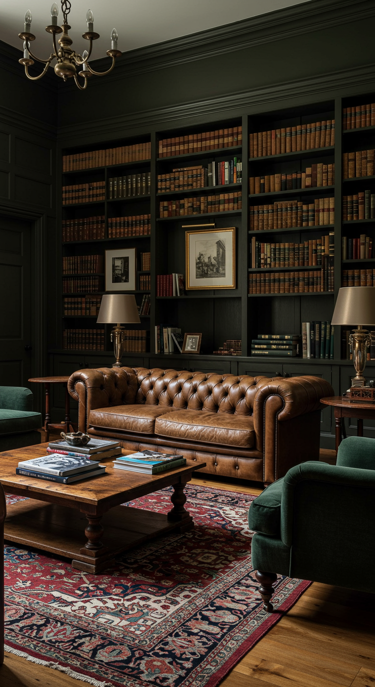 Dunkles Bibliotheks-Wohnzimmer mit Chesterfield-Sofa, Bücherregalen und Orientteppich.