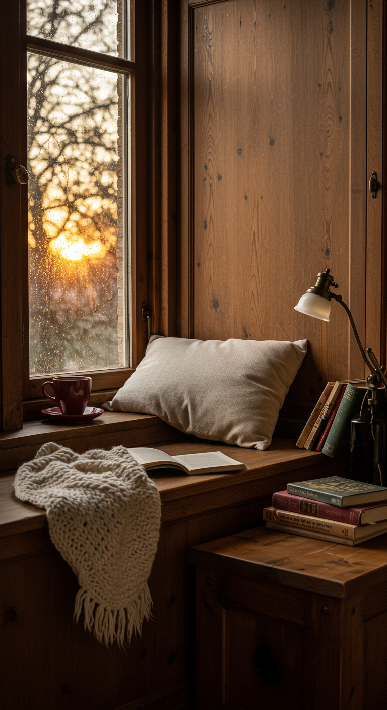 Gemütliche Fensterbank mit Kissen, Decke, Büchern und Blick nach draußen bei Sonnenuntergang.