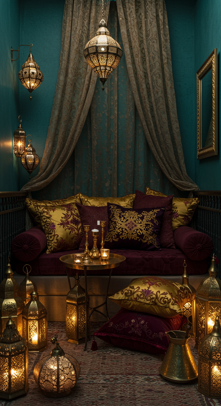 Dunkler, opulenter marokkanischer Balkon mit vielen Laternen und Samt.
