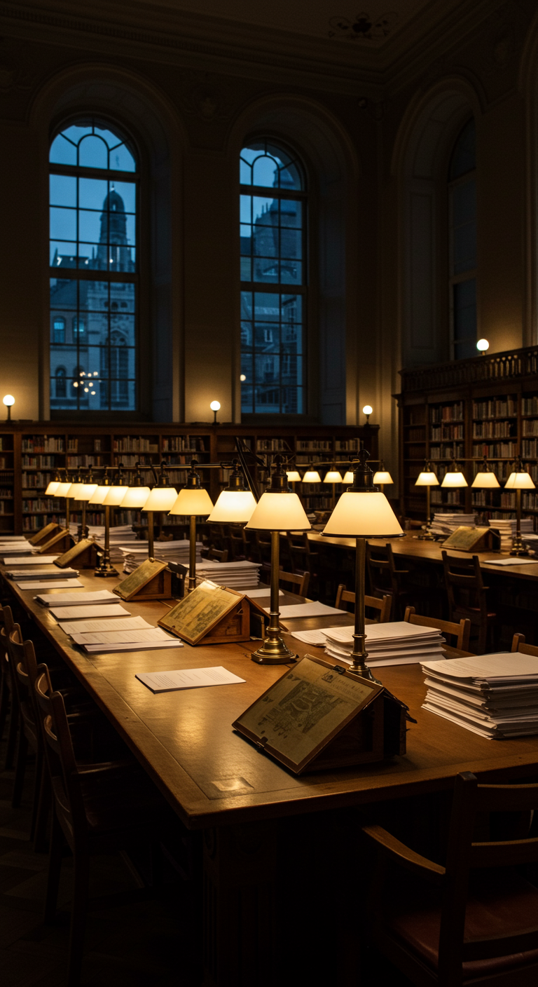 Großer Lesesaal einer Bibliothek mit langen Tischen, Lampen und hohen Bücherregalen.