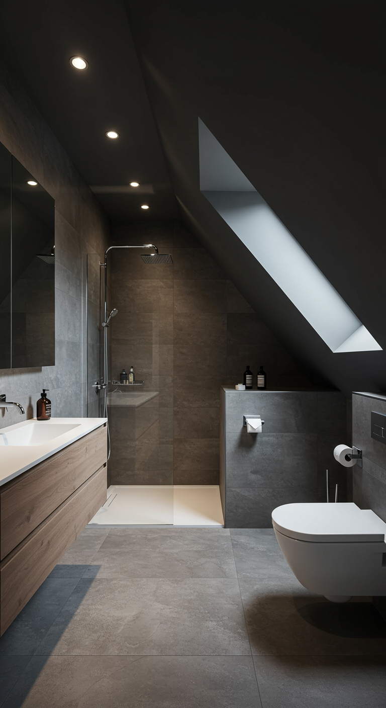 Modernes Dachbadezimmer in dunklen Grautönen mit Holzakzenten und Dachfenster.