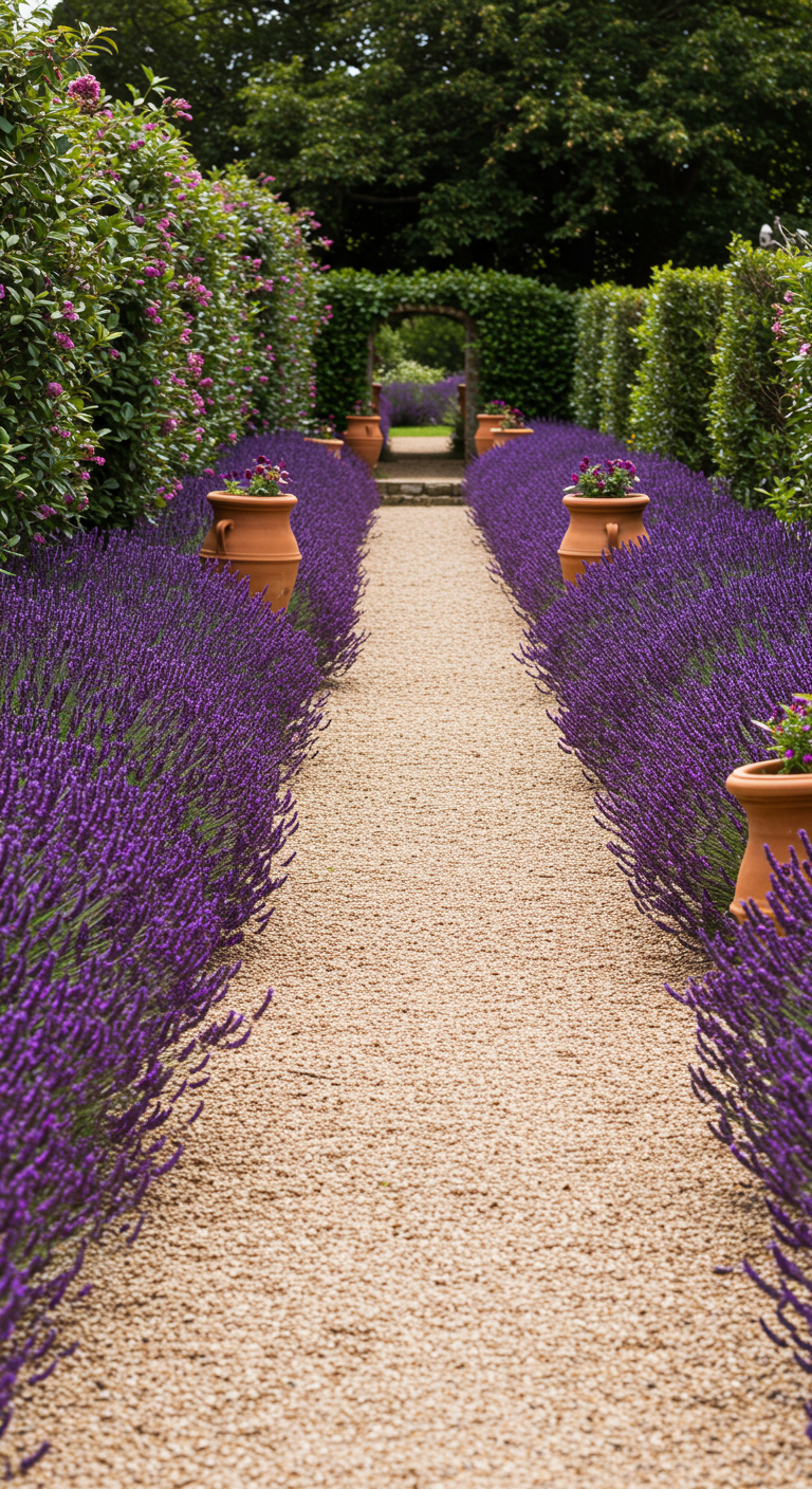 Gerader Kiesweg, dicht gesäumt von blühendem Lavendel und unterbrochen von Terrakotta-Töpfen.